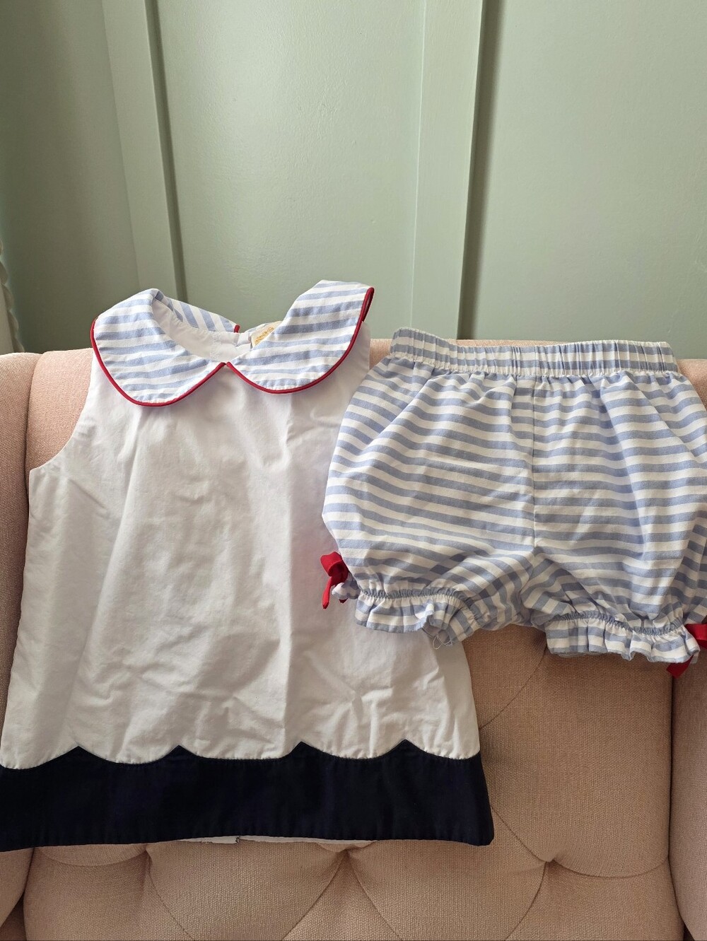The Beaufort Bonnet Company 5t White & Blue Striped Nautical Smocked Outfit Set